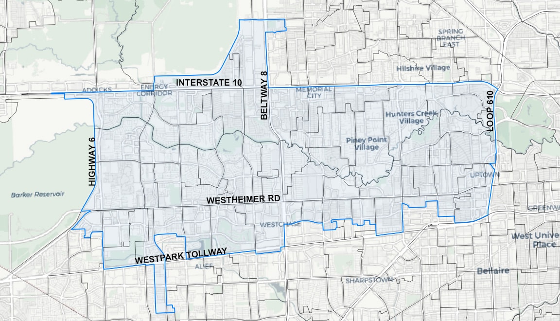Map of the West Houston Democrats service area, bounded by Highway 6, Interstate 10, Beltway 8, Loop 610, and the Westpark Tollway